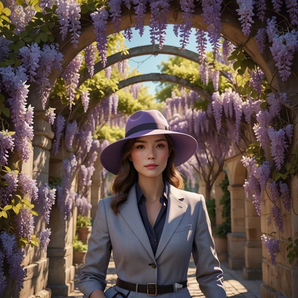 Elegant Woman in Wisteria Archway, 8K Render