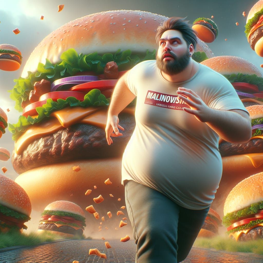 Man Chasing Burgers in Deep Color Matte Painting
