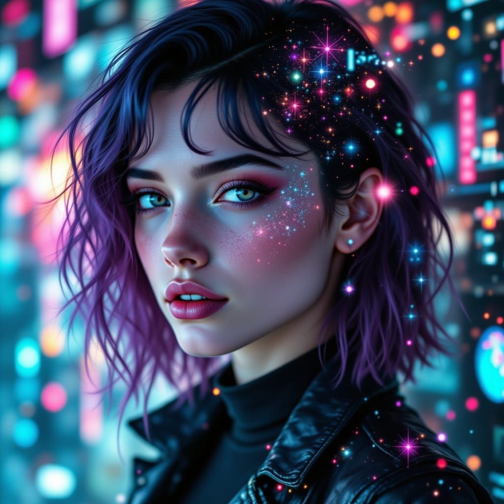 Woman With Galactic Hair in Airbrush Ink Style