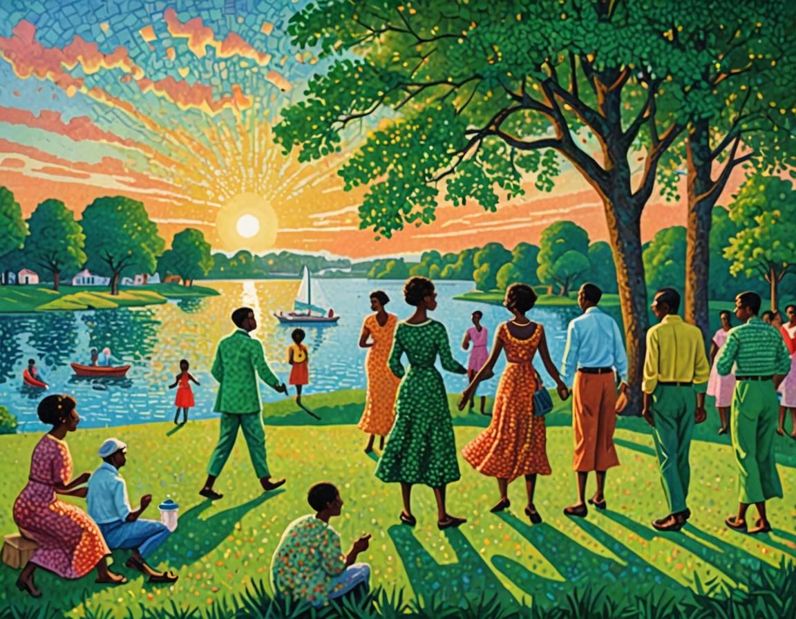 Pointillist Lake Picnic at Sunset in Digital Pointillism Sty...