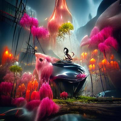 Cute Pink Mouse in Surreal Psychedelic Landscape