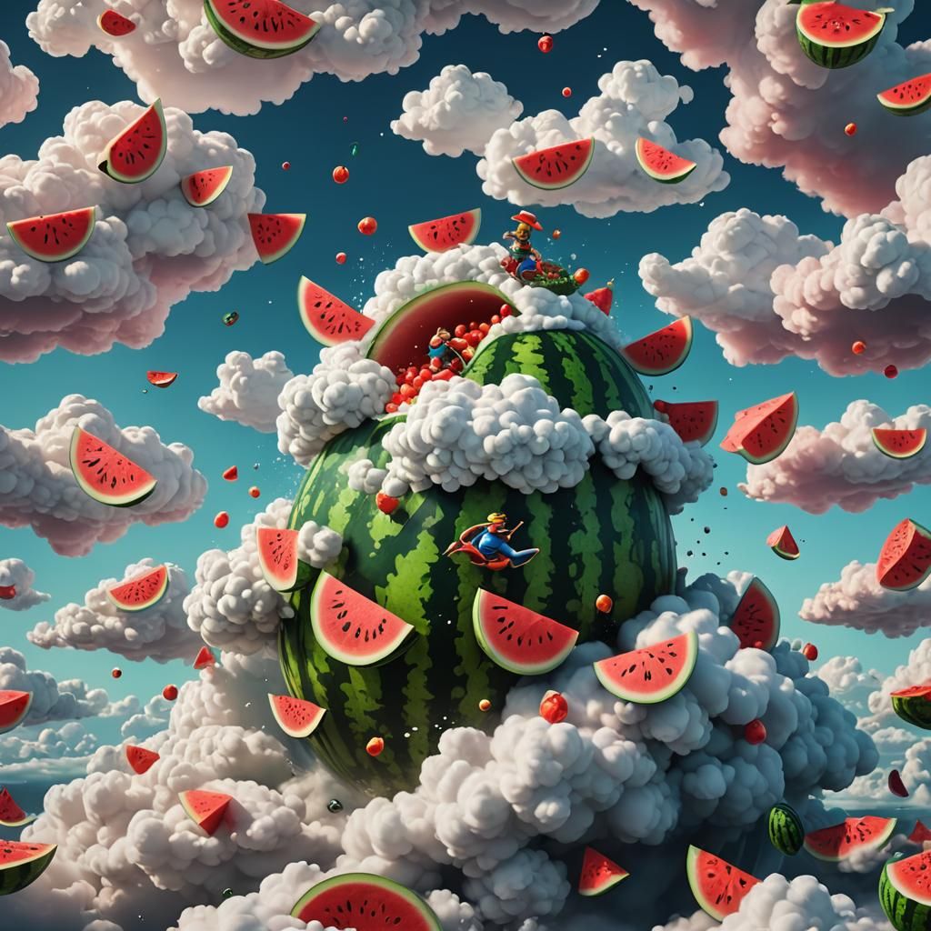 Cartoon Watermelon Surfing on a Cloud