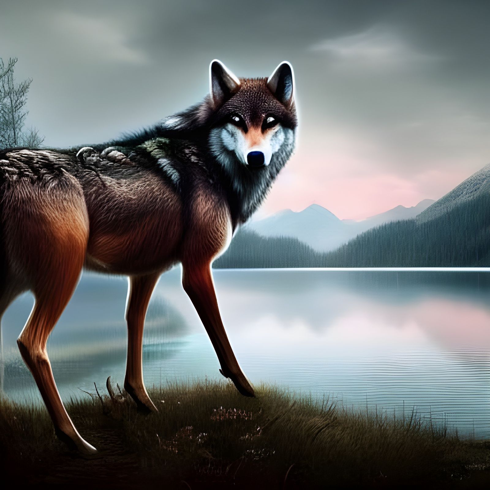 Hyperrealistic Wolf Eating Deer by Lake