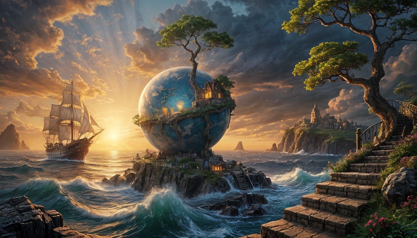 Surreal Globe with Staircase and Stormy Sea