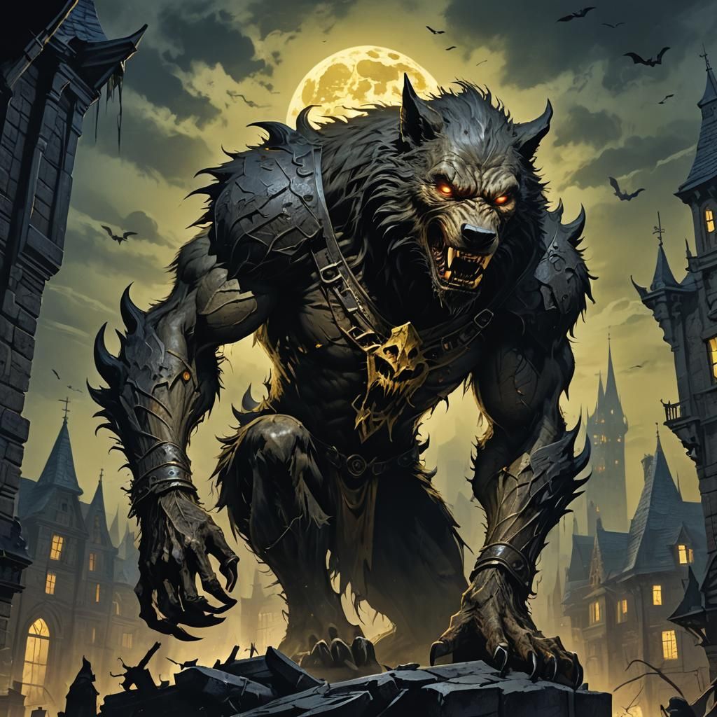 Gothic Horror Werewolf in Moonlit Cityscape