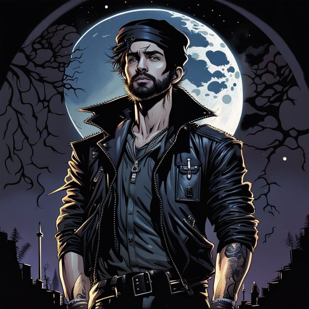 Gothic Man in Leather Jacket, Comic Book Art