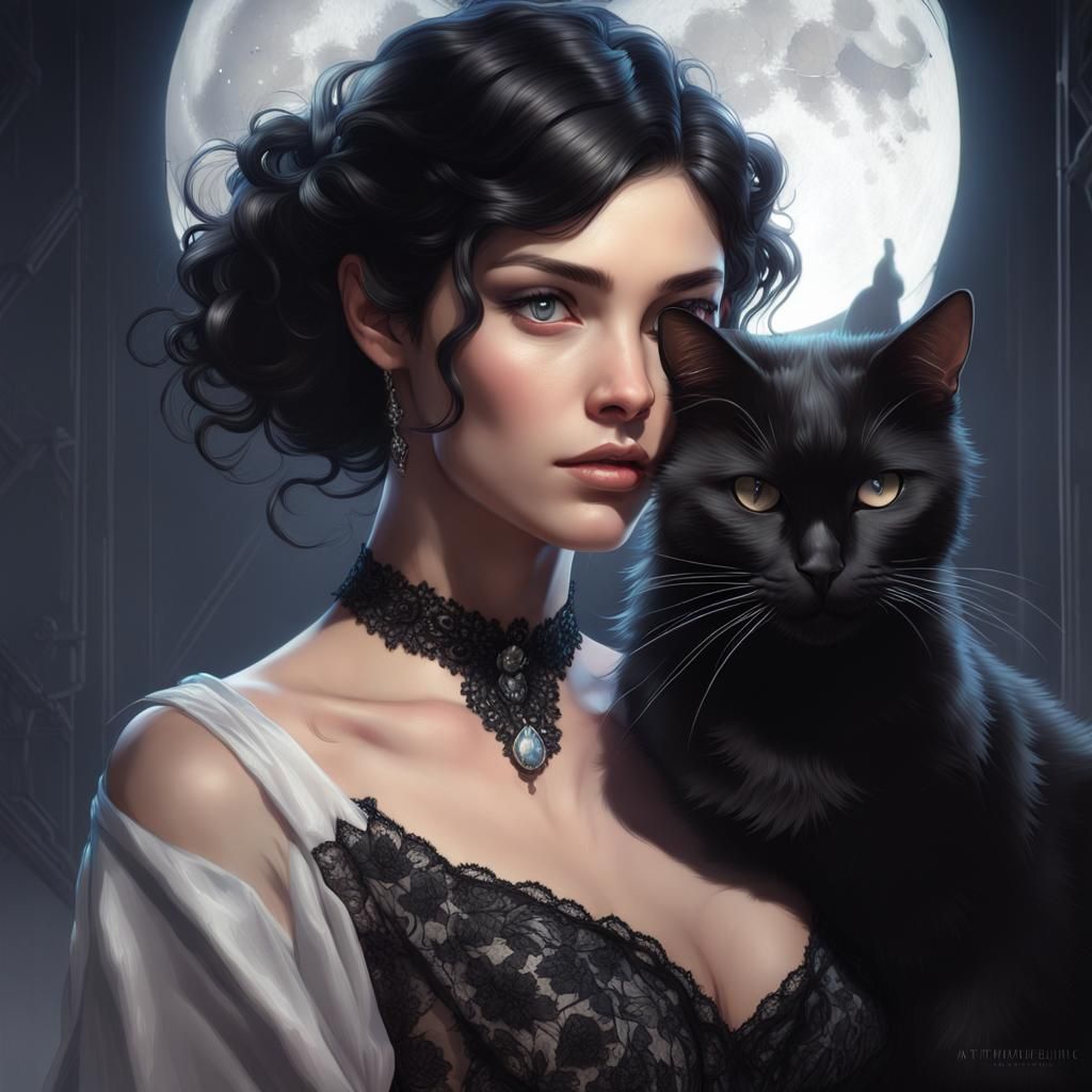 Elegant Woman with Cat: Hyperdetailed Art Portrait