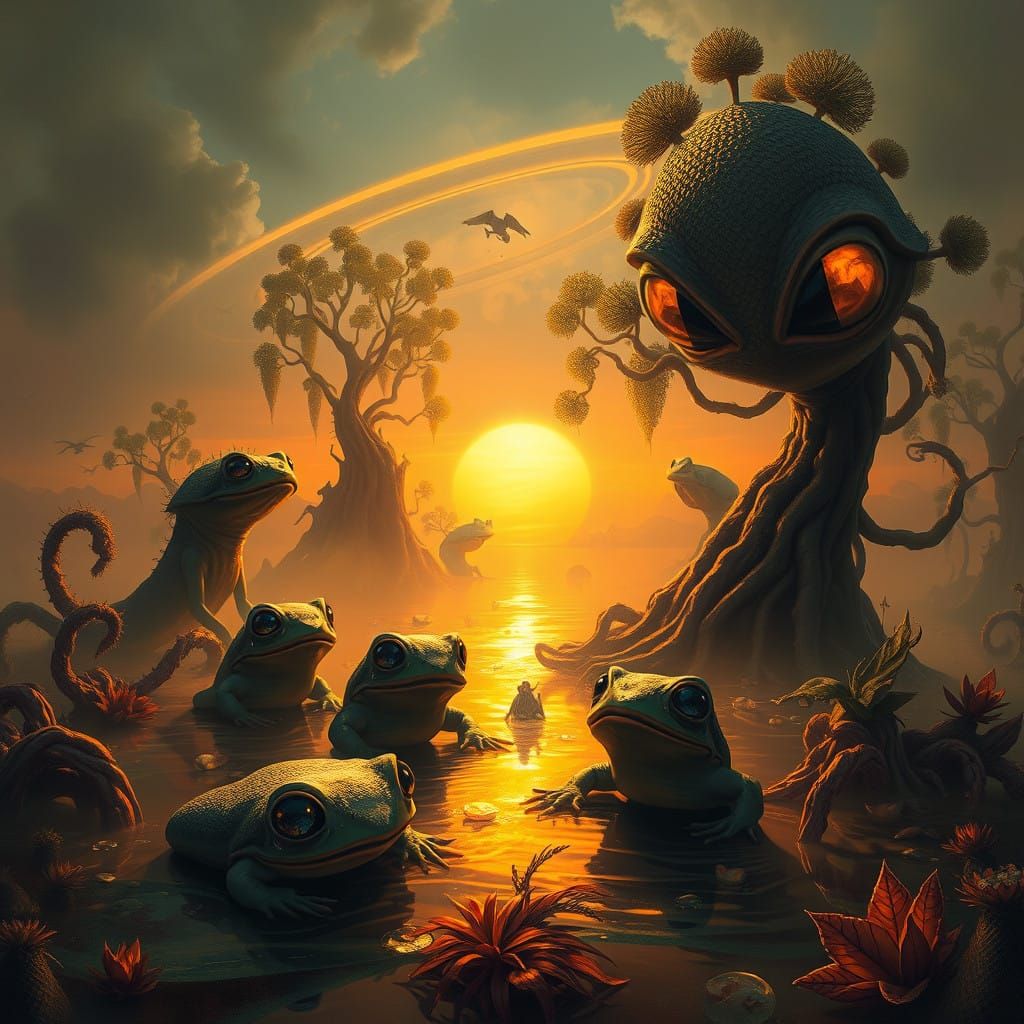 Three-Eyed Creatures Bask in Binary Sunset on Alien Swamp