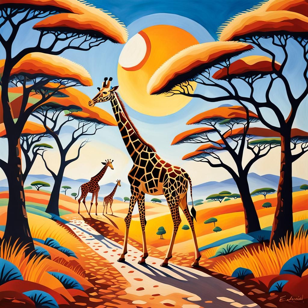 Serengeti Landscape in Vibrant Tinga Tinga Style