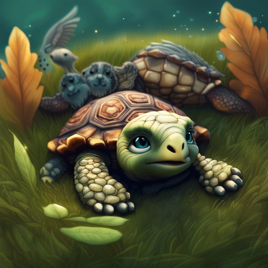 Cute Turtle and Hawk in Grassy Hills