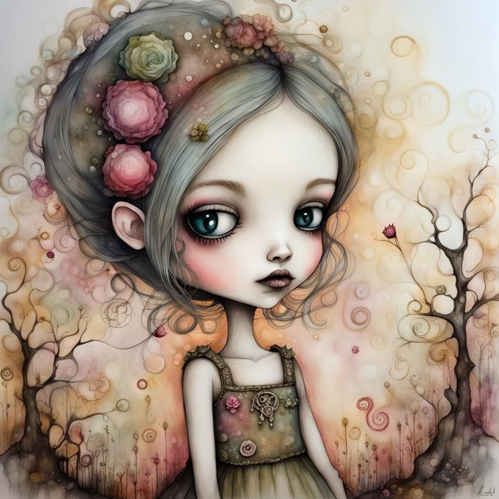 Surreal Girl Portrait in Alcohol Ink Style