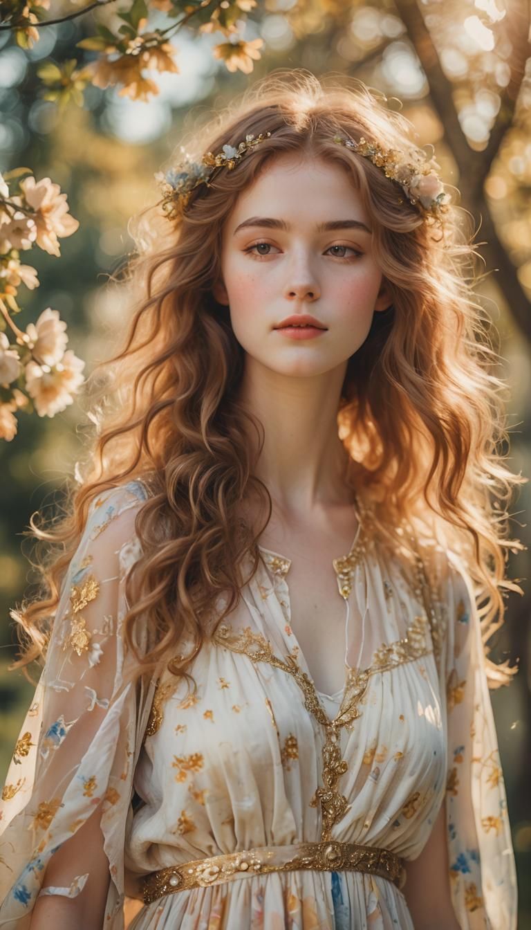 Ethereal Beauty in Soft Focus, Klimt-Inspired Watercolor