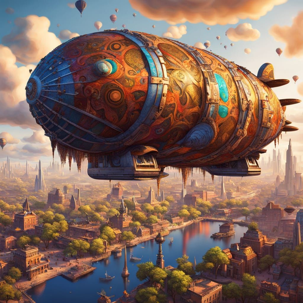 Afrofuturistic Airship Over Savannah City in Impasto Style