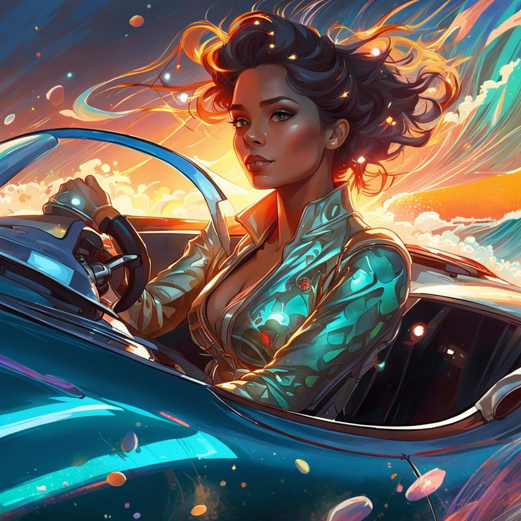 Race Car on Ocean Waves in Digital Art Style