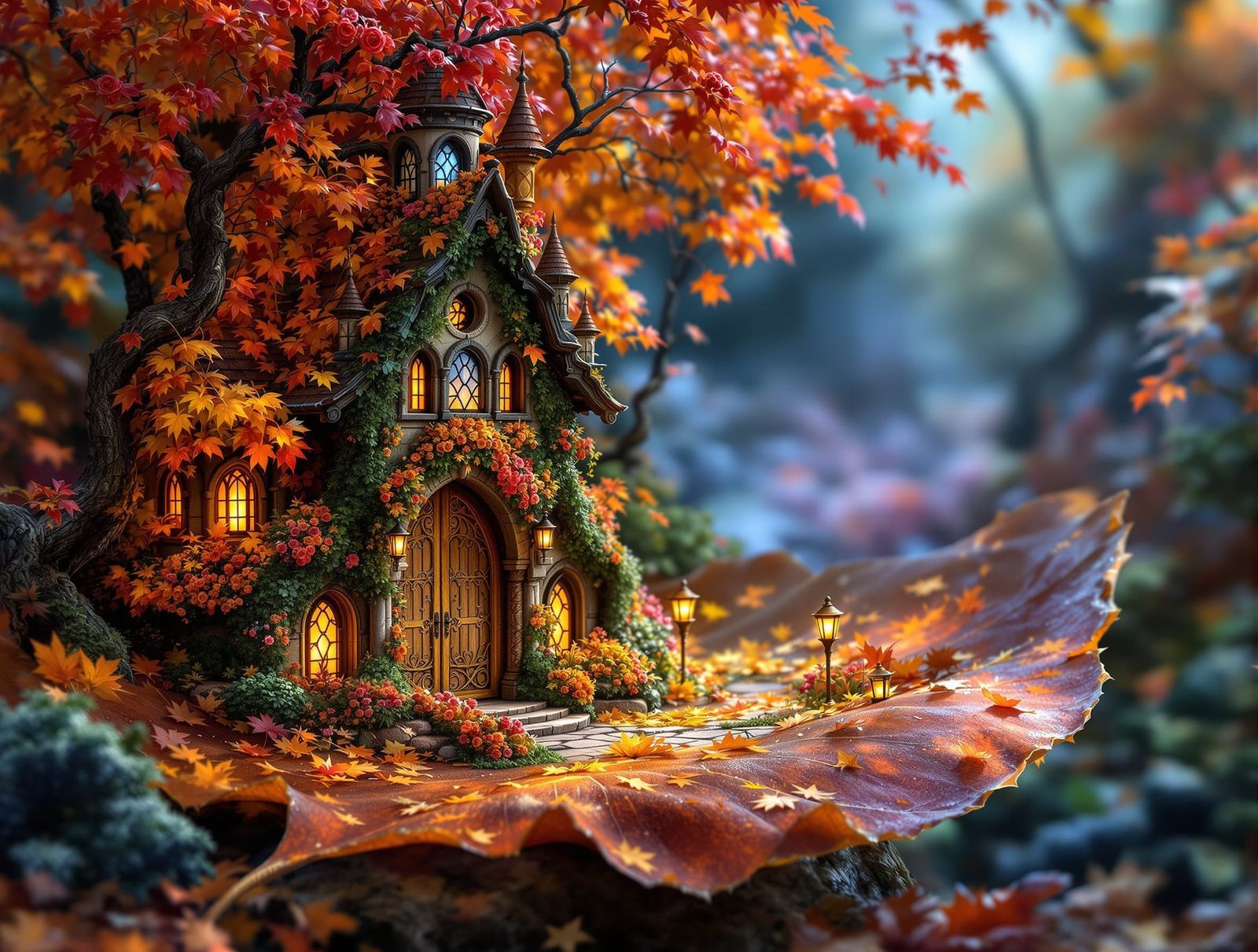 Miniature Fantasy Autumn Forest on Leaf
