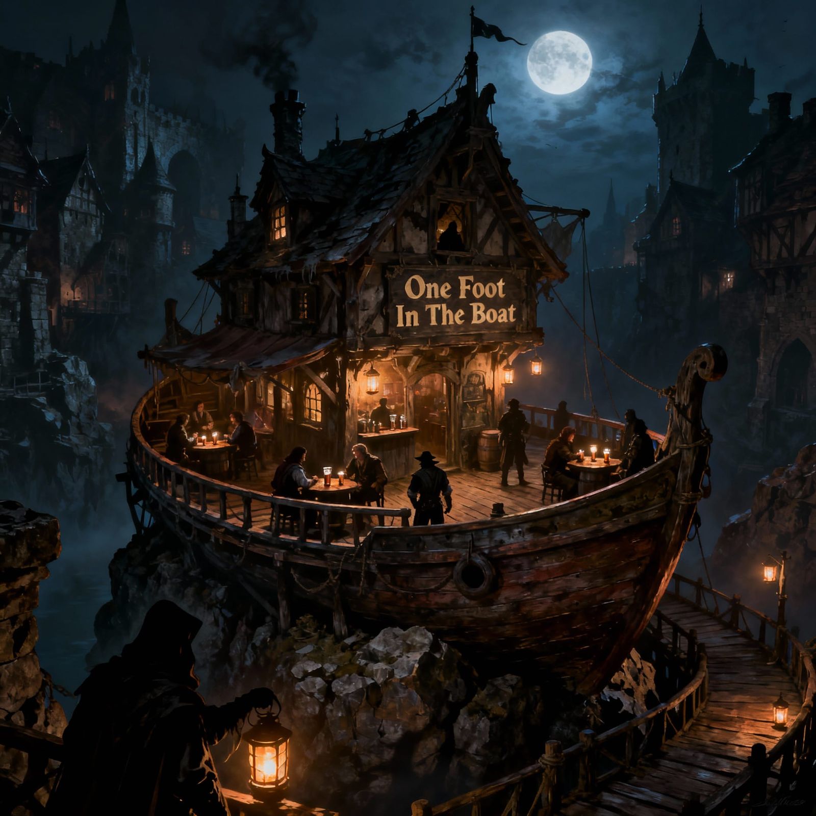 Mysterious Tavern On Rocky Outcrop In Medieval City