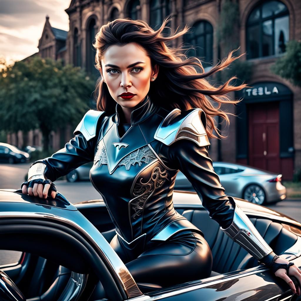 Beautiful Woman Rides Detailed Tesla: Hyperrealistic Image
