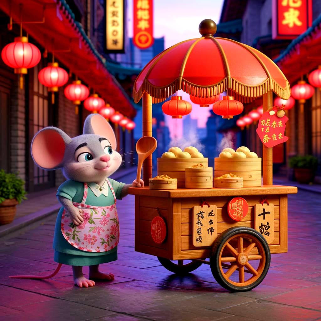 Mouse Mom's Chinatown Food Cart: Whimsical Illustration