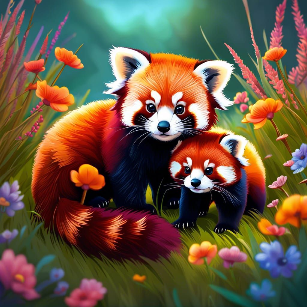 Adorable Red Panda Twins in Sunset Meadow
