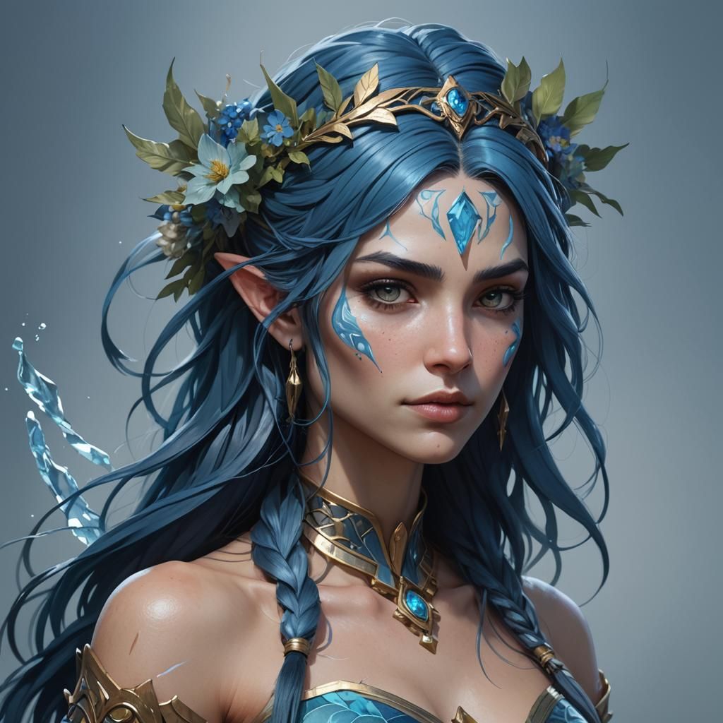 Water Genasi Druid Portrait in Art Nouveau Style