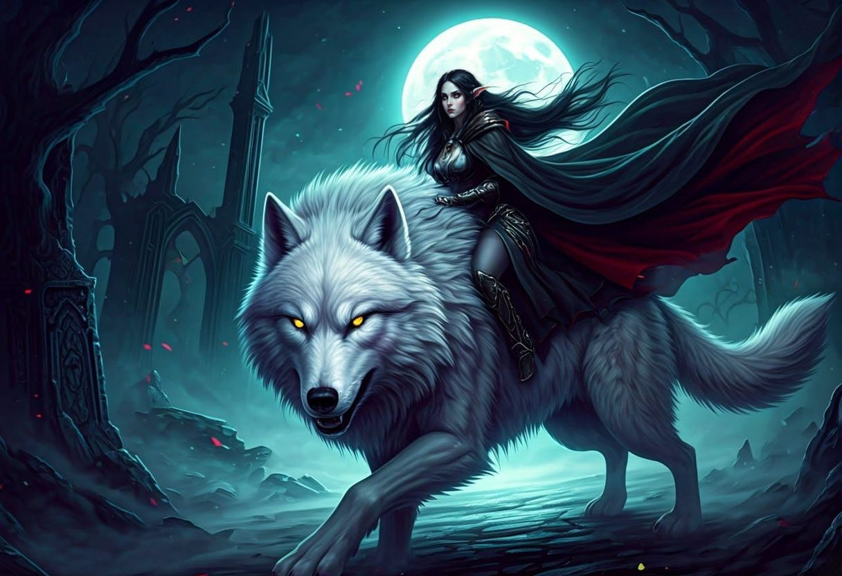 Ethereal Lady Hunter Riding Her Majestic Dire Wolf