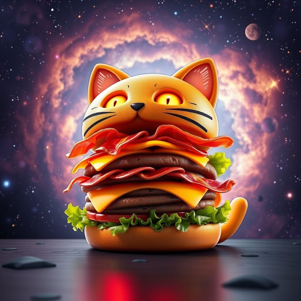 Cosmic Cat Burger in Vibrant 3D Anime Style