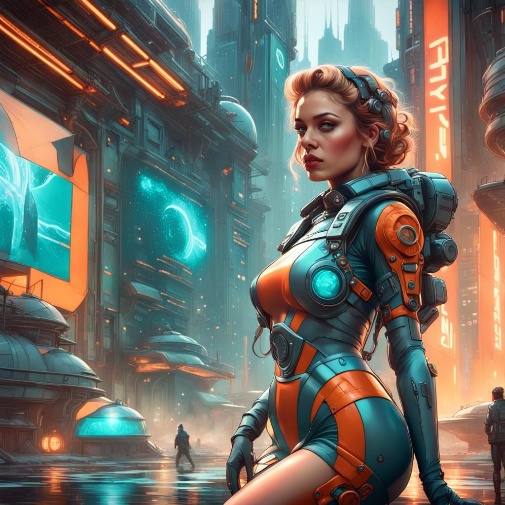 Sci-Fi Pinup in Hyperrealistic Style with City Backdrop