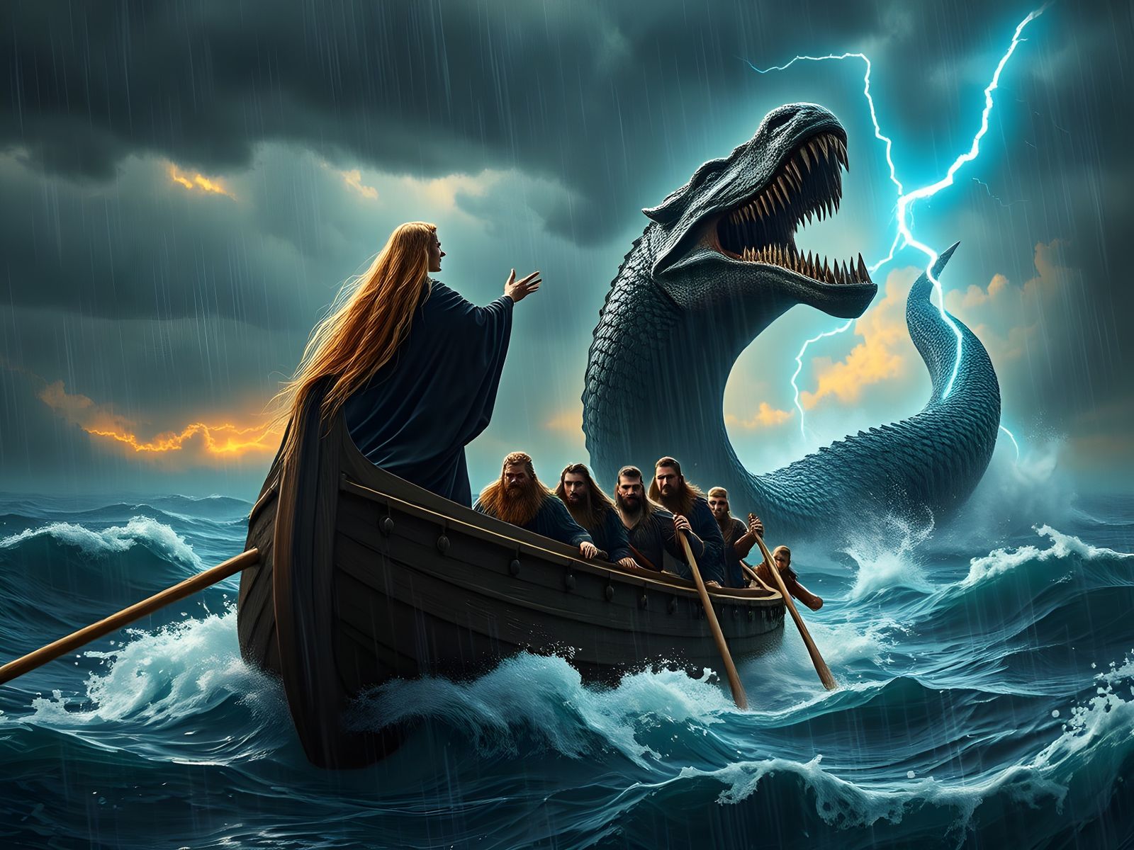 Epic Norse Goddess Strikes Sea Serpent with Lightning