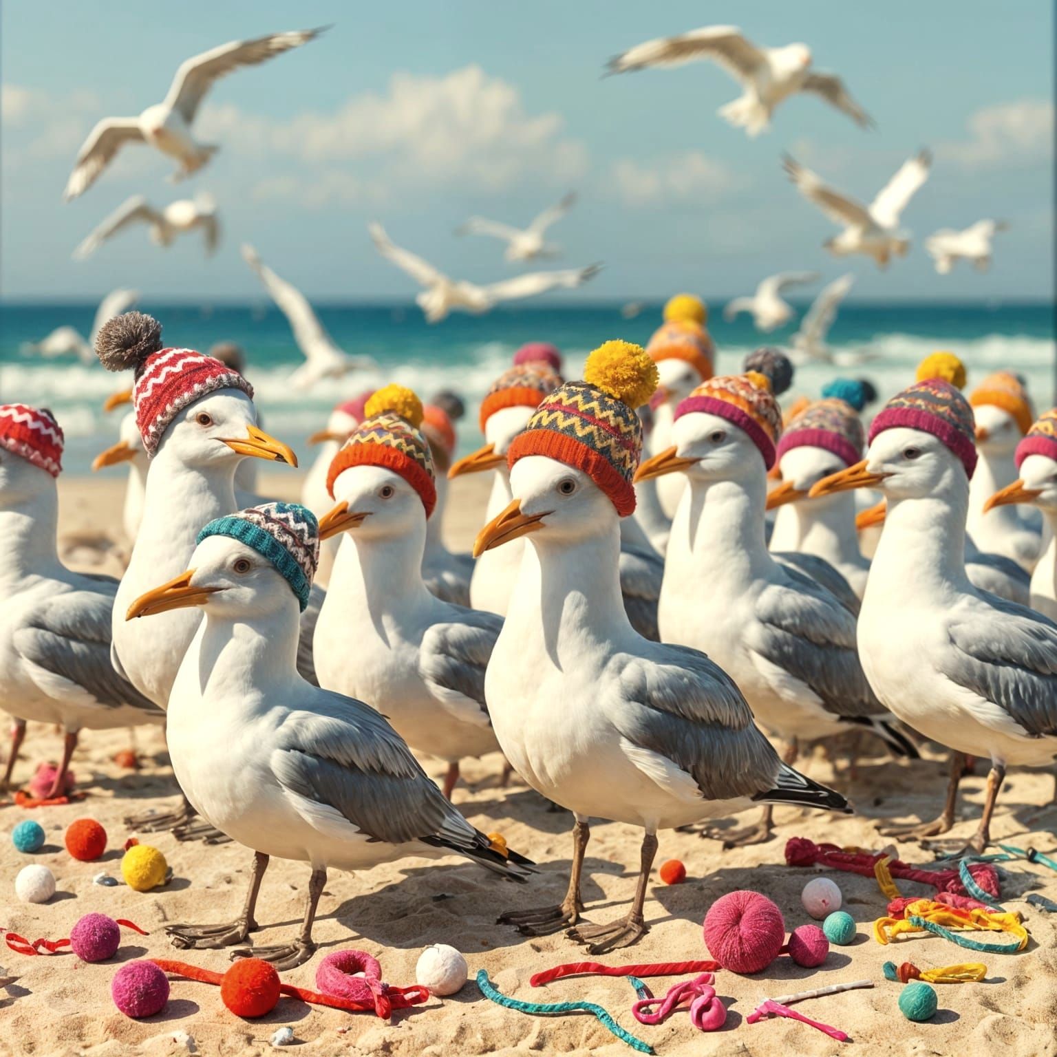 Vibrant Seagulls Gather at the Beach in Colorful Art