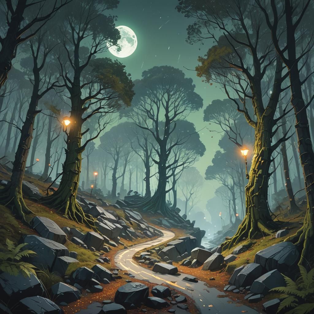 Moonlit Crystal Path Through Enchanted Forest