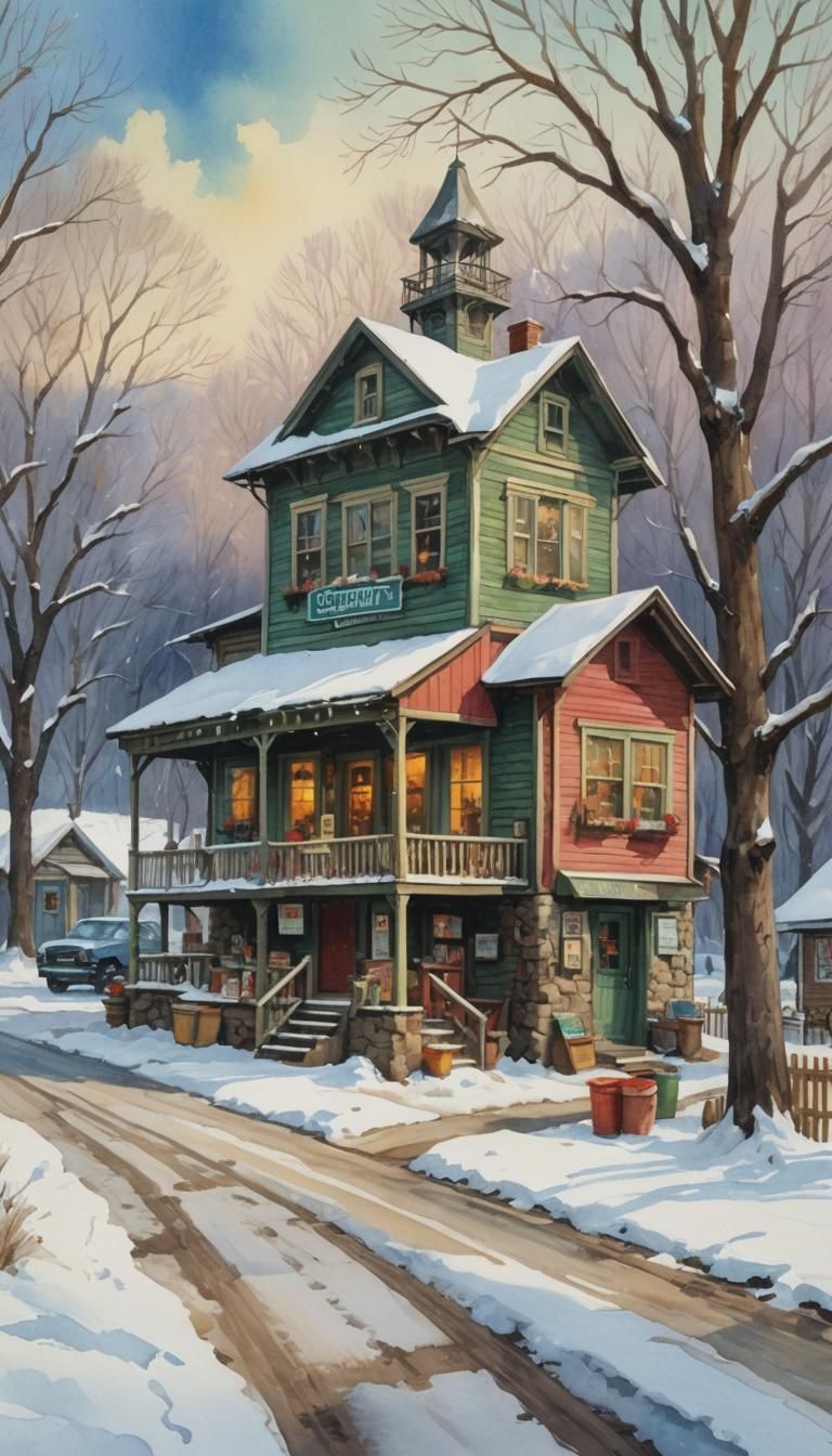 Winter Country Store in Gouache Watercolor Style