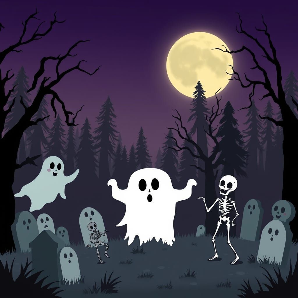 1920s Cartoon Graveyard Scene Under Full Moon