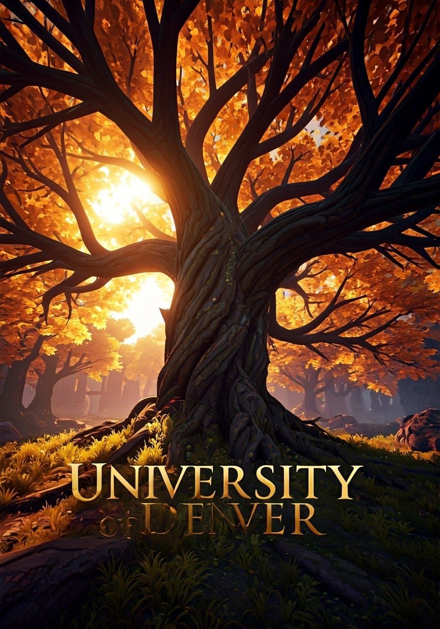 Abstract 3D Trees with Golden Text, Fantasy Concept Art