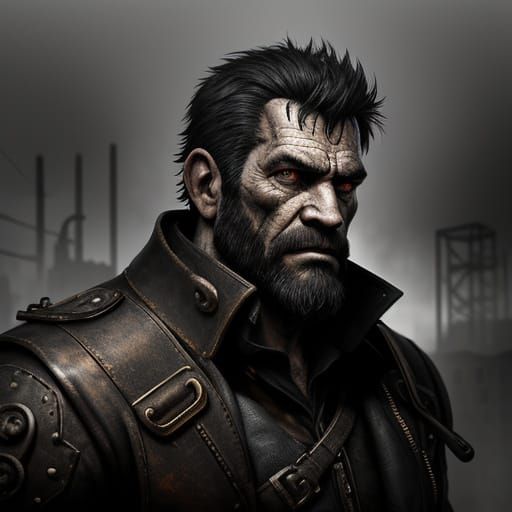 Steampunk Boxer Gazes at Dystopian Cityscape in Noir Style