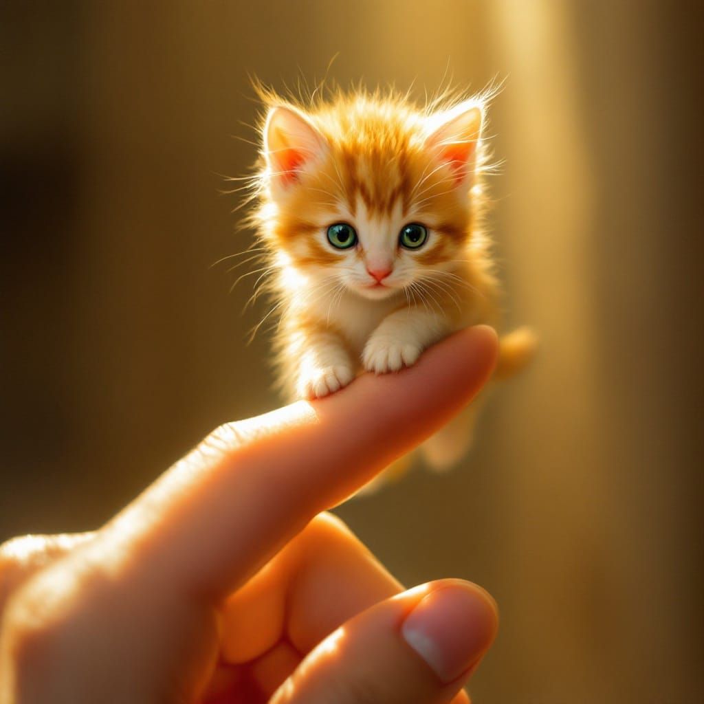 Tiny Ginger Kitten Perched on a Human Finger