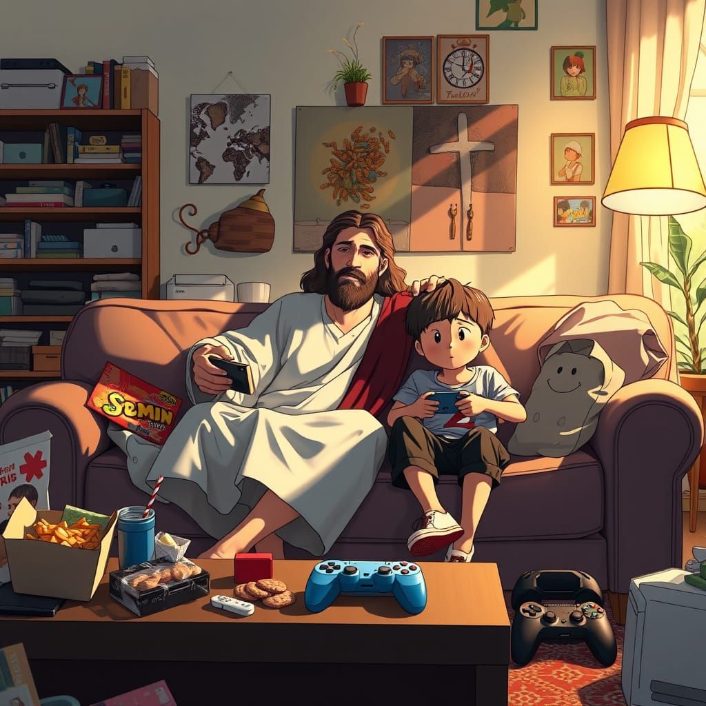 Jesus Gaming with a Young Friend in a Whimsical Modern Livin...