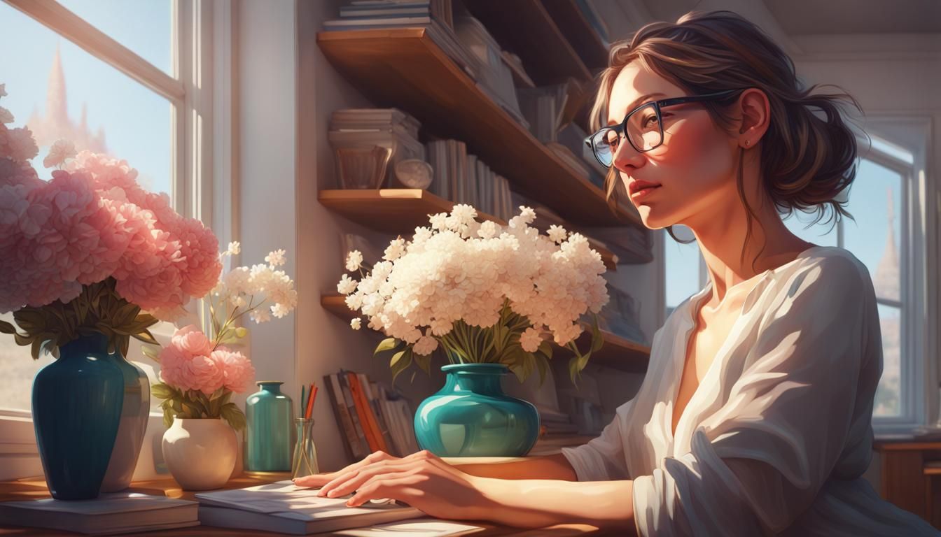 Woman Working from Home, Hyperdetailed Digital Art