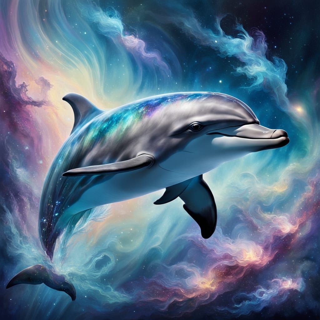 Dreamy Cosmic Dolphin in Iridescent Nebula