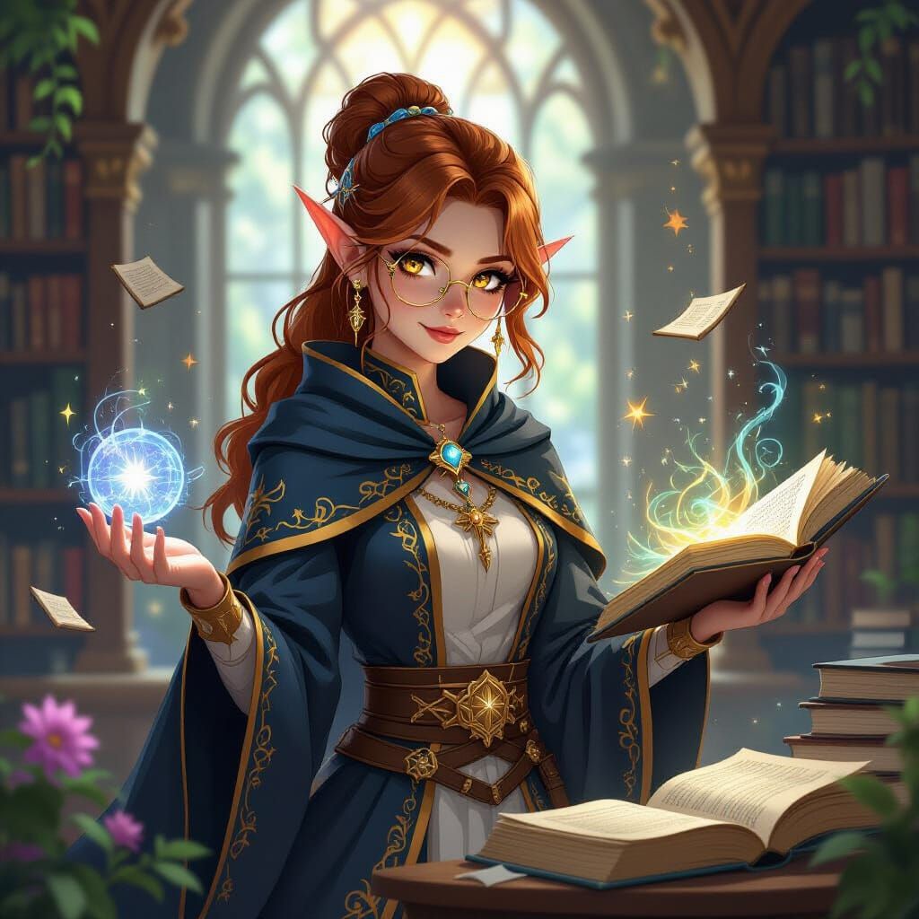 Eladrin Elf Wizard in Mystical Library, Cel-Shaded Anime Sty...