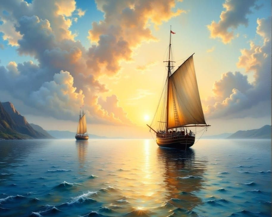 Hyperrealistic Seascape with Sailing Ship in Oil Paint