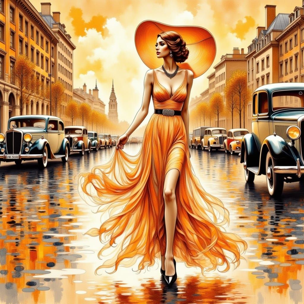 Glamorous 1920s Woman in Apricot and Cream Dress with Art De...