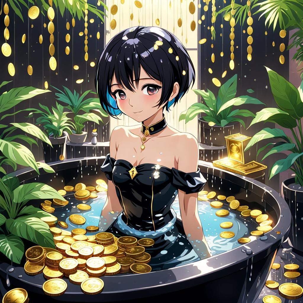 Anime Girl's Luxurious Bath in Gold Coins