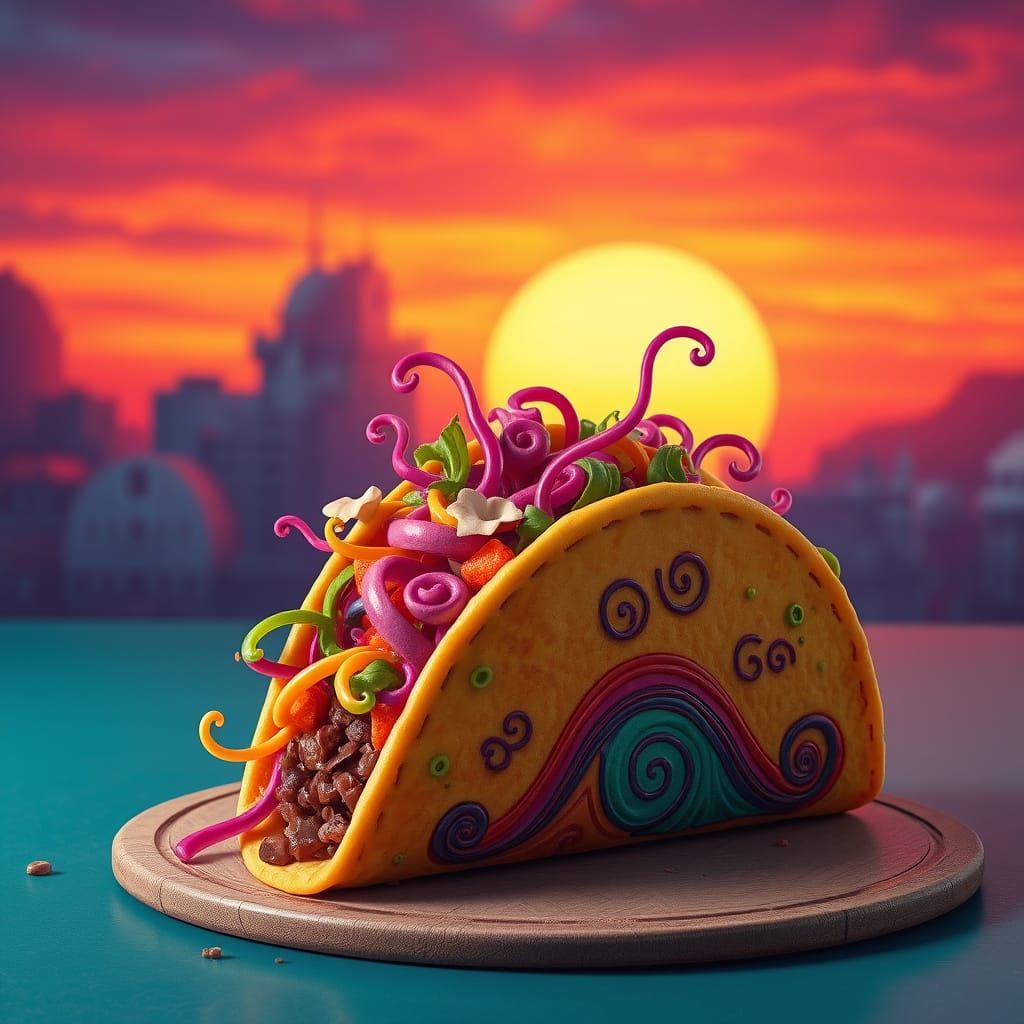 Vibrant Taco in Dreamlike Mexican Sunset