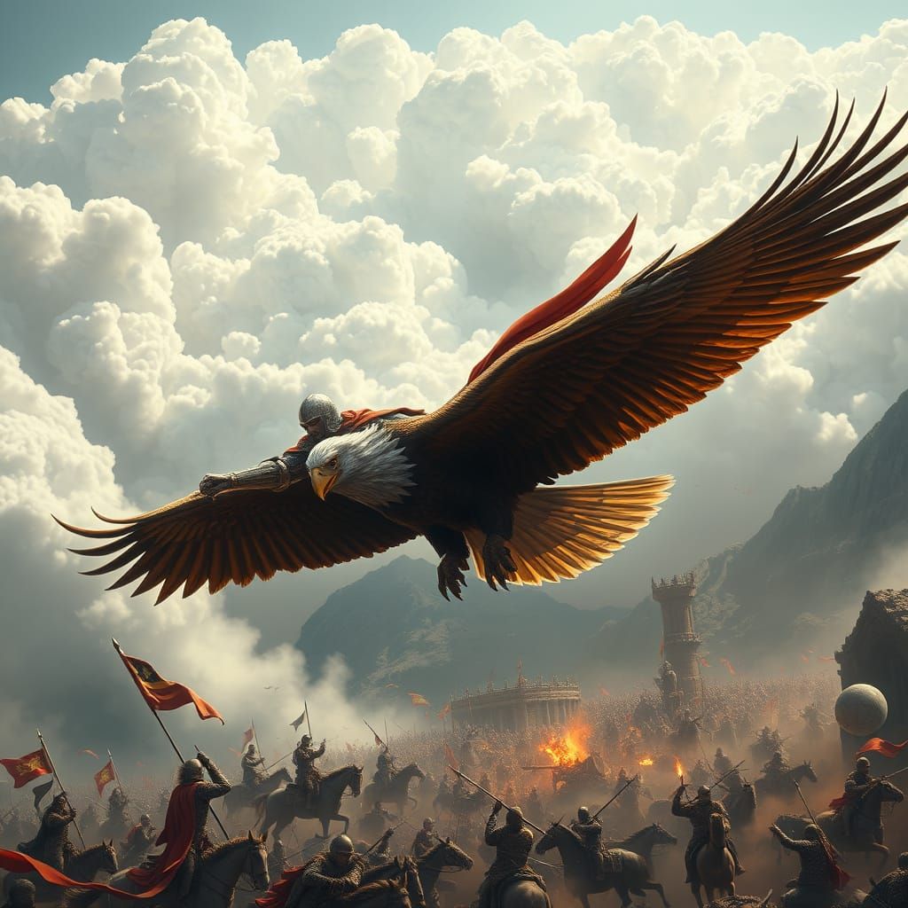 Epic Knight Rides Eagle Amidst Medieval Battle