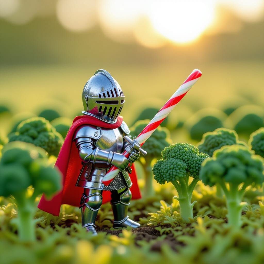 Tiny Knight Guards Broccoli Grove in Macro Photography Style