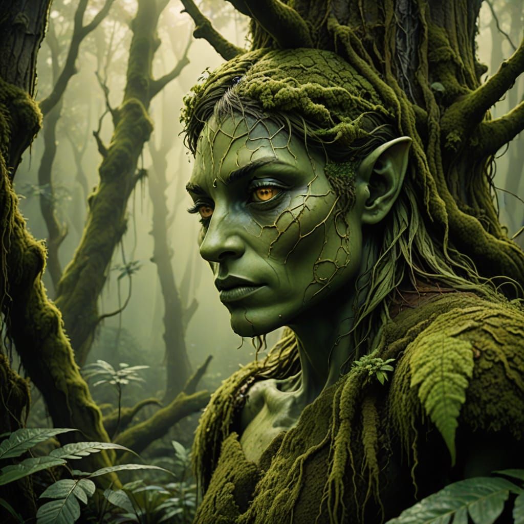 Whimsical Fantasy Figure Emerging from Mossy Forest