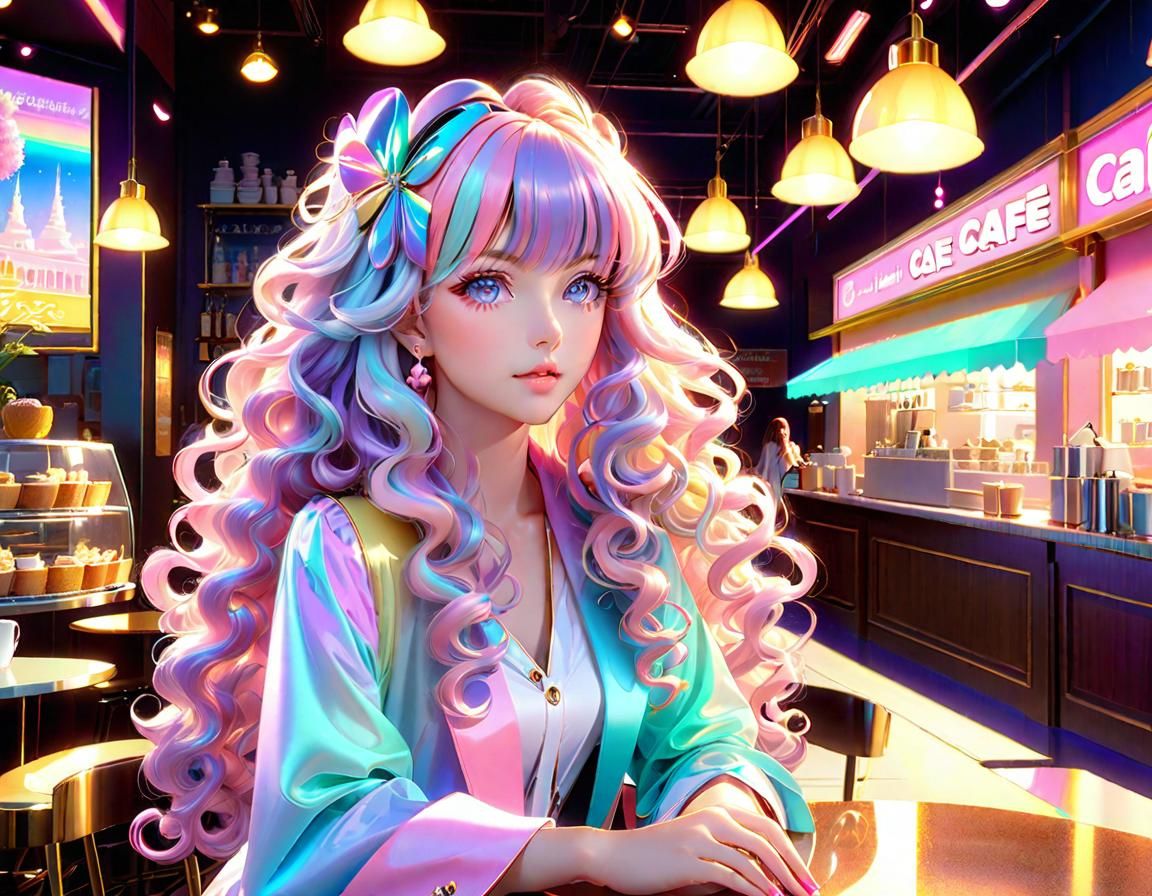 Pastel Anime Woman in Cafe: 3D Digital Art