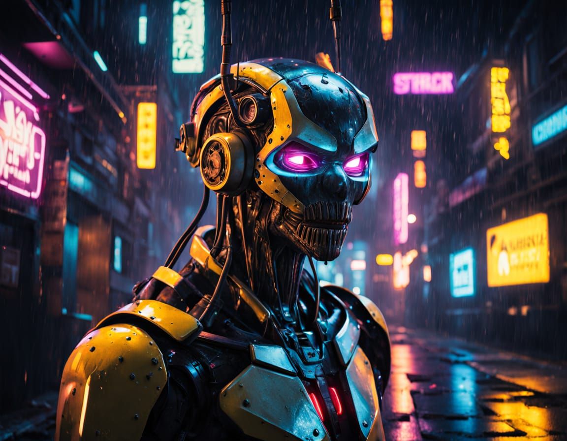 Cyberpunk Pizza Robot Monster in Neon Alley