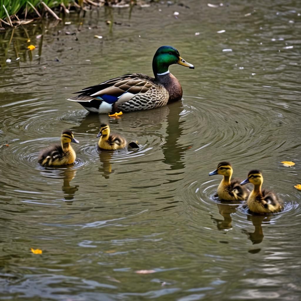 Mallard Family Stroll: Hyperrealistic Ducklings