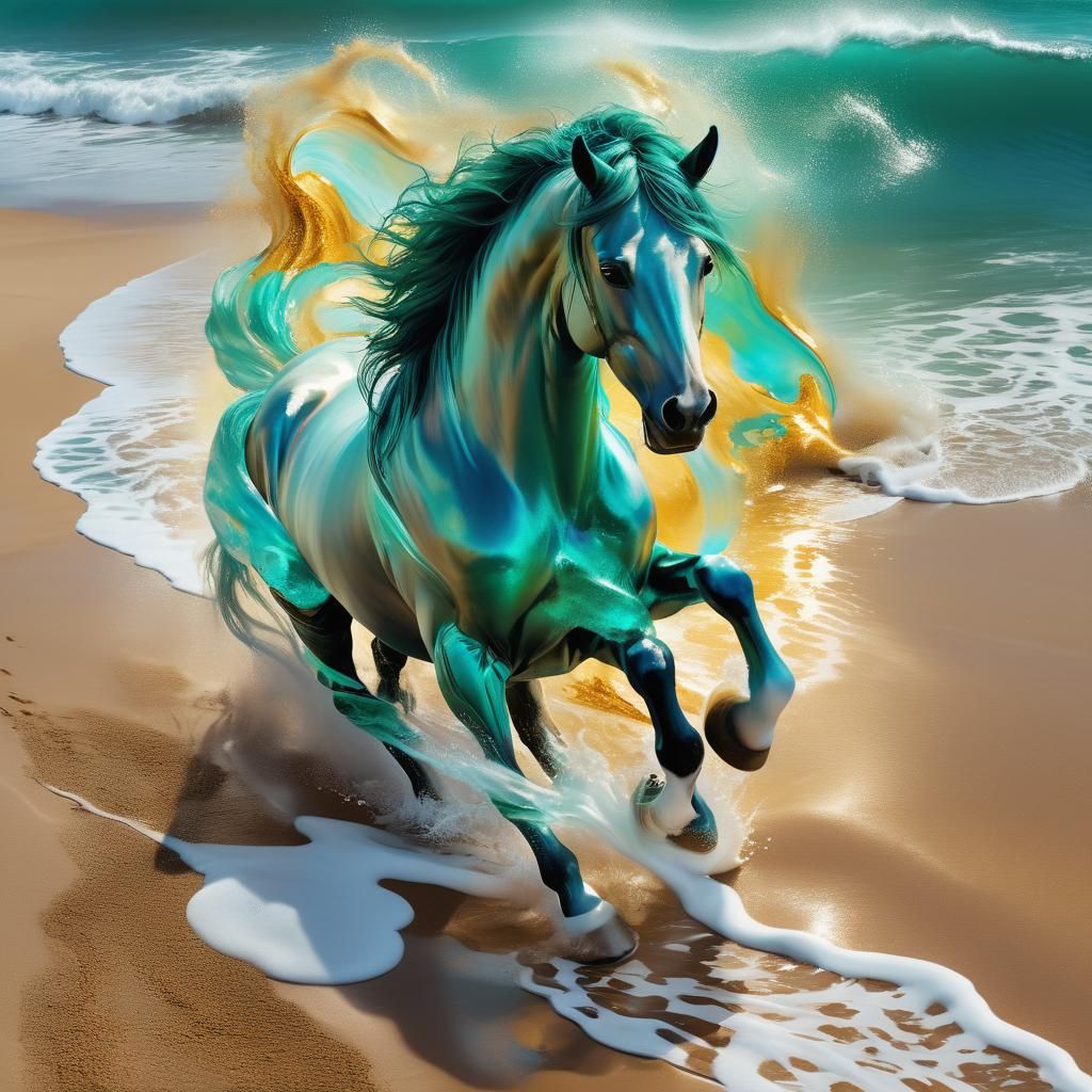 Ethereal Water Horse Canters on Golden Beach